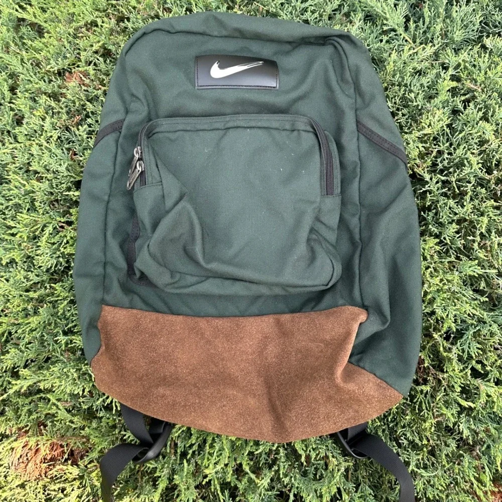 Vintage Nike Suede Leather Bottom Swoosh Green Backpack‎